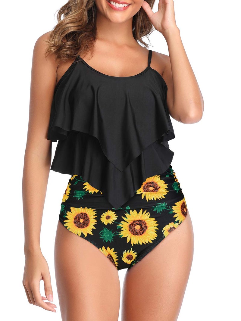 American Trends Womens Tankini Swimsuits High Waisted Bathing Suits Tummy Control Ruffled Top Swimwear Two Piece Swimming Suits 07 Black Sunflower 10-12 - Image 4